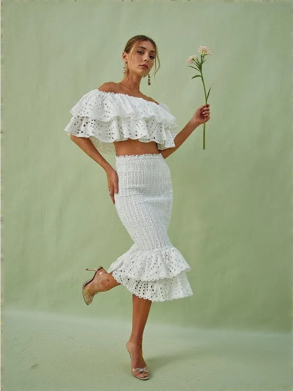 White Eyelet Ruffle Midi Skirt and Top - Women's Elegant Summer